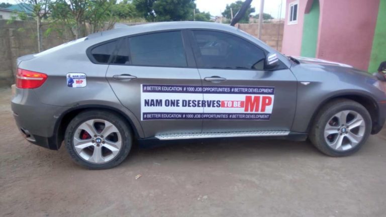 Car decked out in messages seeking Nana Appiah to be MP of Kasoa