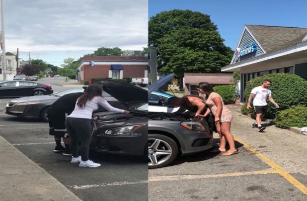 The woman traps the men so her boyfriend can steal the pizza