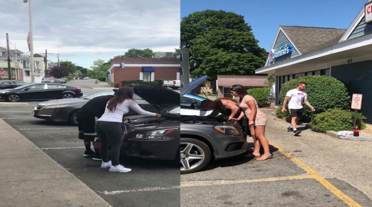 The woman traps the men so her boyfriend can steal the pizza