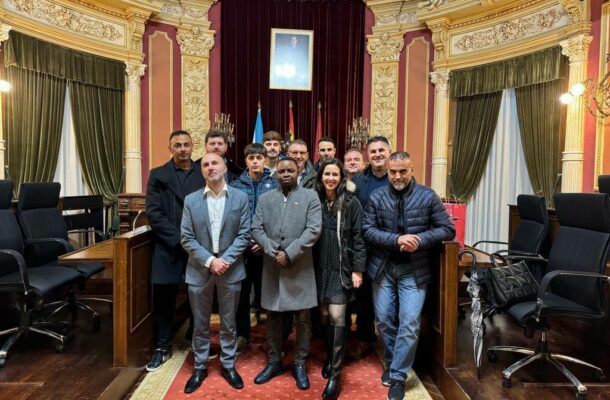 From right H.E the Mayor of Ourense , middle Mr Prince Tetteh, CEO of Pribet Group and Ghana Consul follow by Ms Laura, football activist and lawyer. Left Mr Camilo Diaz, the president of Ourense C.F and other government officials in Spain.