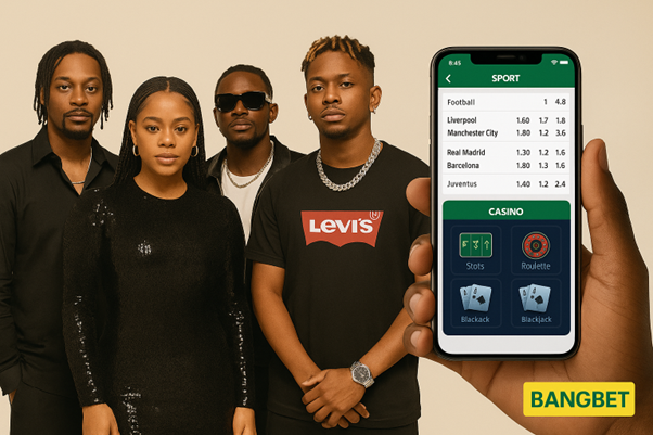 Four people are looking at the phone, which shows them Bangbet games