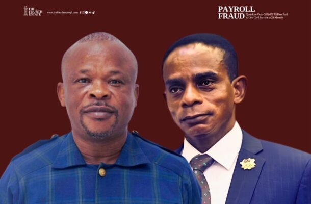 Two men stand side by side against a burgundy background; one in a blue plaid shirt, the other in a blue suit with a lapel pin.