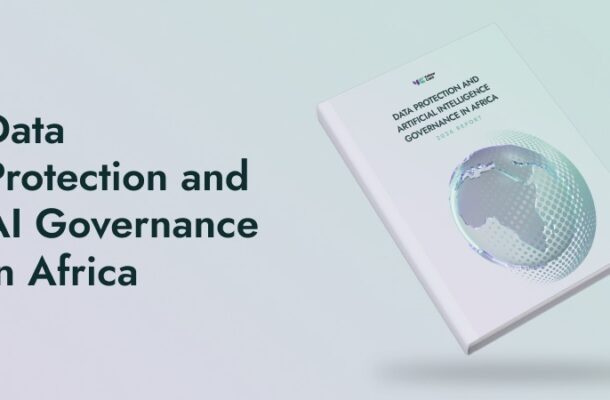 Report cover: 'Data Protection and AI Governance in Africa' with a floating white book and a pastel gradient background illustrating the globe on the right.