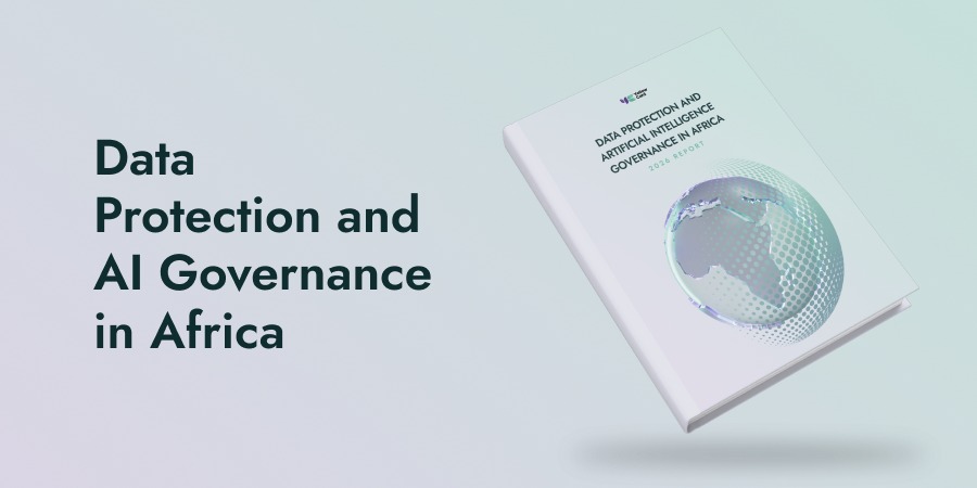 Report cover: 'Data Protection and AI Governance in Africa' with a floating white book and a pastel gradient background illustrating the globe on the right.