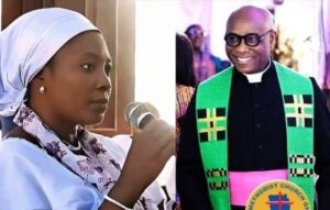 Split image: woman in a white headscarf speaks into a microphone on the left; smiling pastor in a green stole and pink sash on the right.