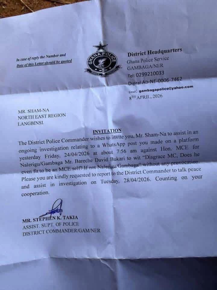 Formal letter on Ghana Police District Headquarters letterhead, inviting Mr. Sham-Na to assist in an investigation; includes contact and signature area.