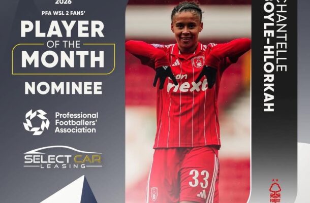 Poster announcing March 2026 PFA WSL 2 Fans’ Player of the Month nominee, featuring a male footballer in a red jersey with number 33, arms raised, flanked by sponsor logos and a vertical name panel on the right.