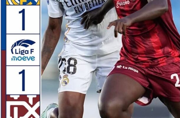 Two women soccer players—one in Real Madrid white, the other in maroon—jostle for the ball on the field, with a left-side scoreboard showing 1-1 and league logos nearby.