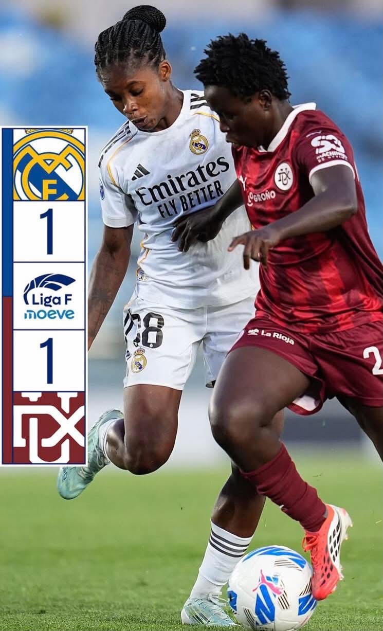 Two women soccer players—one in Real Madrid white, the other in maroon—jostle for the ball on the field, with a left-side scoreboard showing 1-1 and league logos nearby.