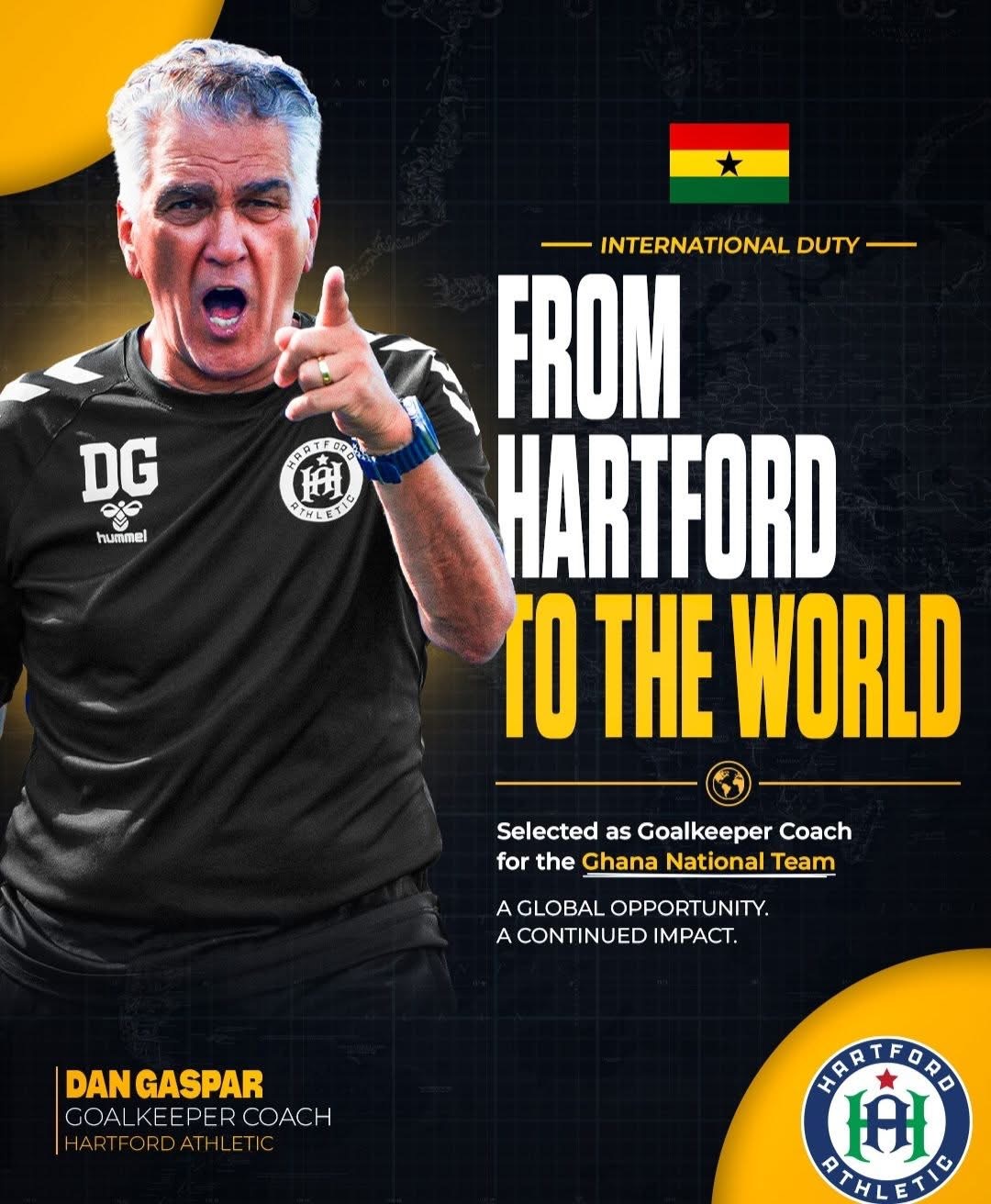 Portrait of a Hartford Athletic goalkeeper coach pointing toward the viewer, with bold text 'From Hartford to the World' and a Ghana flag in the upper right.