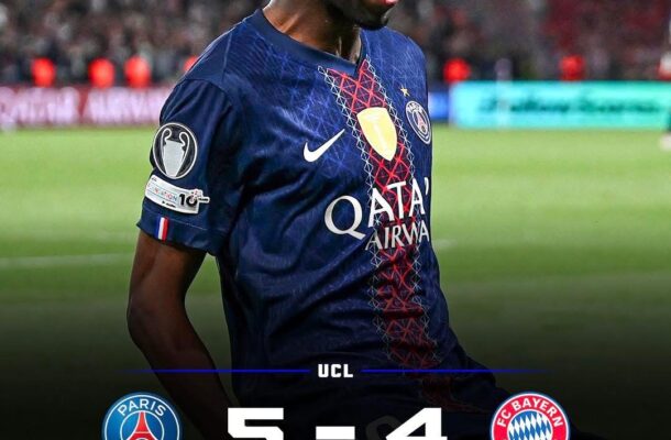 Post-match scoreboard: Paris Saint-Germain 5, Bayern Munich 4; PSG and Bayern logos with goal scorers listed.