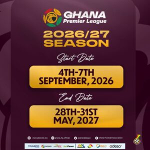 Ghana Premier League logo with '2026/27 Season' and start date '4th-7th September, 2026' on a maroon background.