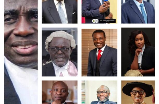 Collage of eleven professionals in suits and formal attire, grid layout with a large left-side portrait.