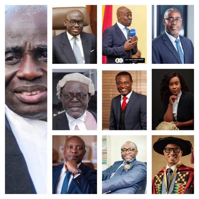Collage of eleven professionals in suits and formal attire, grid layout with a large left-side portrait.