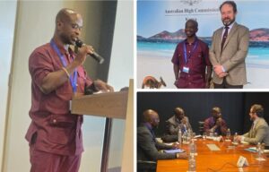 Collage: man in maroon outfit speaks into a microphone at a podium, left panel.