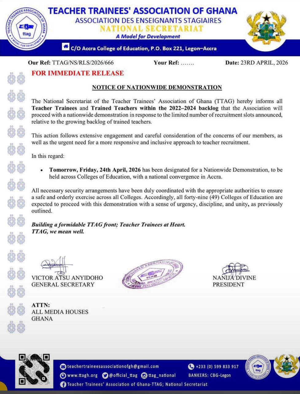 Official TTAG notice page with headers and logos, titled 'Notice of Nationwide Demonstration' dated 23 April 2026, announcing a nationwide demonstration on Friday 24th April 2026, signed by TTAG General Secretary and TTAG President.