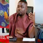 Left: people holding pumpkins beside a car; center: man in maroon traditional attire speaking at a desk; right: busy roadside market with a political billboard/photo of a candidate.