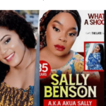 Collage of a smiling woman with curly hair on the left and a movie poster featuring 'SALLY BENSON' in bold letters on the right; poster includes a red badge and smaller image.