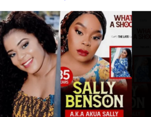 Collage of a smiling woman with curly hair on the left and a movie poster featuring 'SALLY BENSON' in bold letters on the right; poster includes a red badge and smaller image.