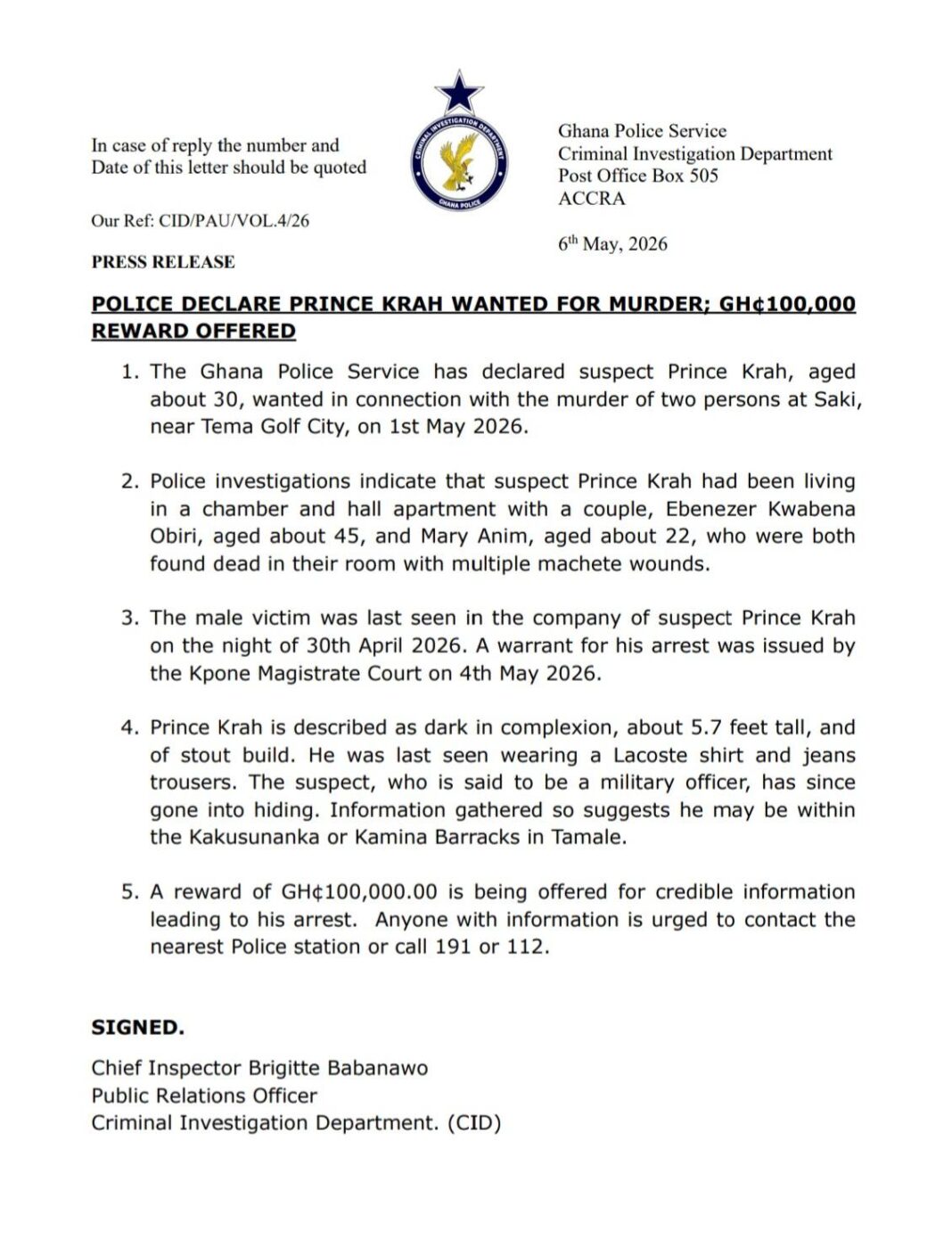 Press release from Ghana Police Service announcing Prince Krah wanted for murder with a GH₵100,000 reward; dated 6 May 2026.