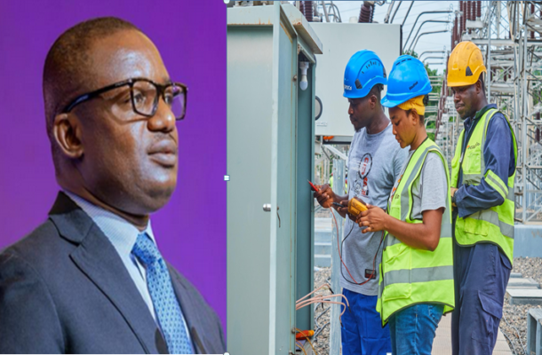 Side-by-side image: a businessman in a suit and glasses speaking on a purple backdrop, beside three utility workers in hard hats and reflective vests inspecting electrical equipment.
