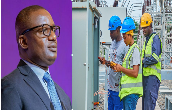 Side-by-side image: a businessman in a suit and glasses speaking on a purple backdrop, beside three utility workers in hard hats and reflective vests inspecting electrical equipment.