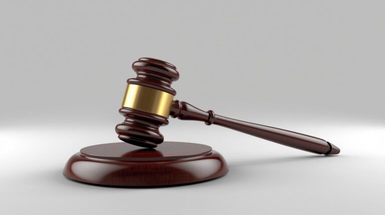 Judge's wooden gavel with a gold band resting on a round sound block.