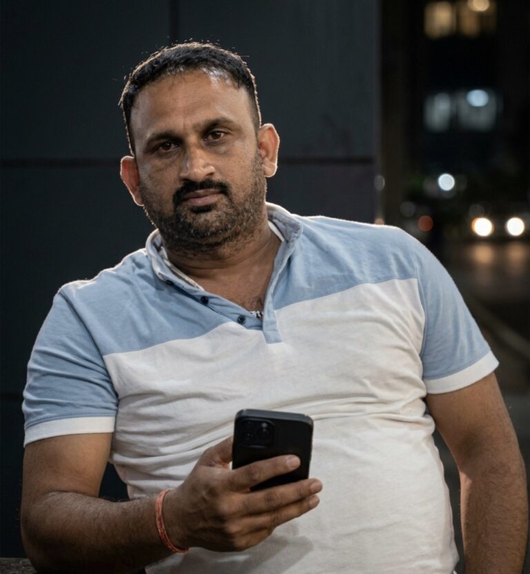 Man in a light blue and white polo shirt holds a smartphone outdoors at night.
