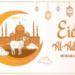 Festive Eid al-Adha greeting card featuring an orange crescent, a mosque with a goat, hanging lanterns, and the text 'Eid Al-Adha Mubarak'
