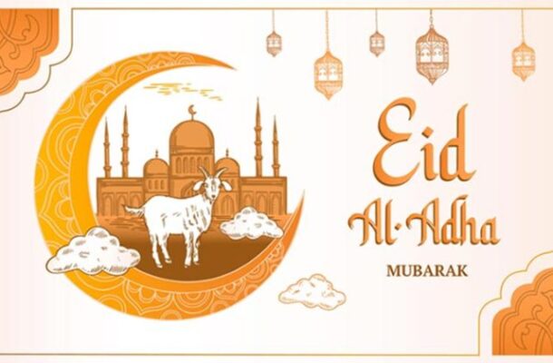 Eid-Ul-Adha | Ghanaguardian.com Festive Eid al-Adha greeting card featuring an orange crescent, a mosque with a goat, hanging lanterns, and the text 'Eid Al-Adha Mubarak'