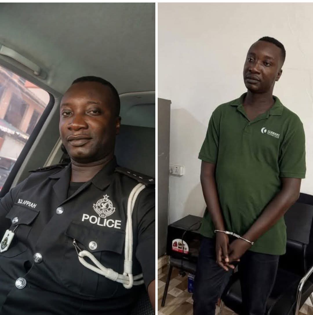 Side-by-side photo: left shows a police officer in a black uniform inside a vehicle; right shows a man in a green polo with hands cuffed, standing indoors.