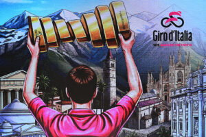 Person in a pink shirt lifts a giant golden spiral trophy over a collage of Italian landmarks and mountains, with Giro d'Italia branding.