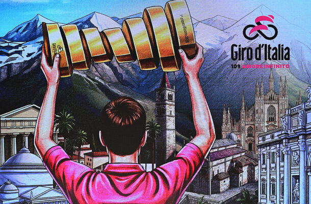 Person in a pink shirt lifts a giant golden spiral trophy over a collage of Italian landmarks and mountains, with Giro d'Italia branding.