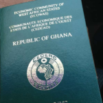 Green/teal Ghana Republic passport with gold embossed text and emblem, ECOWAS dialogue at top, 'REPUBLIC OF GHANA' center, circular emblem near bottom.