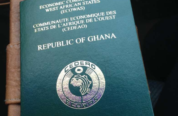 Green/teal Ghana Republic passport with gold embossed text and emblem, ECOWAS dialogue at top, 'REPUBLIC OF GHANA' center, circular emblem near bottom.