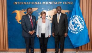 Three professionally dressed individuals pose for a photo in front of an International Monetary Fund backdrop with a world map and IMF flag nearby.