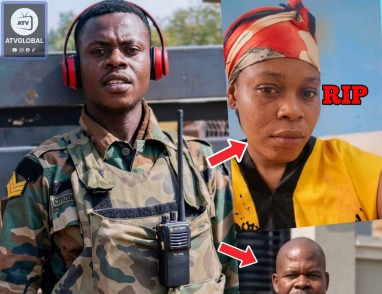Collage: a camo-clad soldier wearing red headphones on the left, a grieving woman with a headscarf and RIP text on the right, and a man at the bottom, with red arrows pointing to the subjects.
