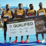Four Ghanaian sprinters on a blue track hold a large banner that reads 'QUALIFIED' for the World Athletics Championships in Beijing, with the slogan 'From Botswana to Beijing.'