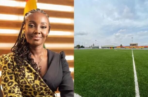 Two-panel image: a woman wearing a leopard-print blazer on the left and a soccer field on the right.