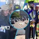 Collage: left shows men with caps and sunglasses from 1957 News; center street scene inside a blue circle; right two men in graduation gown and a vibrant kente outfit.