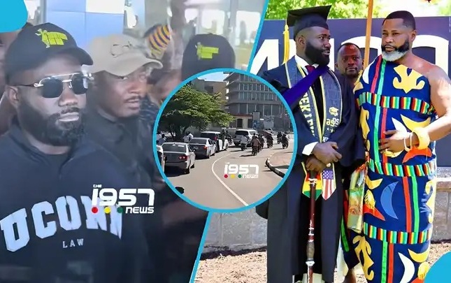 Collage: left shows men with caps and sunglasses from 1957 News; center street scene inside a blue circle; right two men in graduation gown and a vibrant kente outfit.