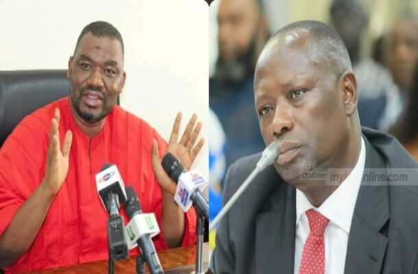 Two men appear in a split image: left is a man in red traditional attire speaking with multiple microphones, right is a man in a dark suit and red tie speaking into a microphone at a formal event.