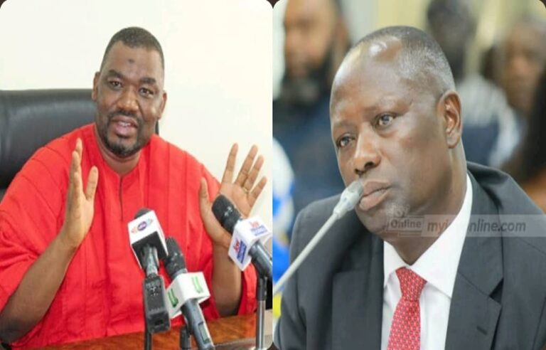 Two men appear in a split image: left is a man in red traditional attire speaking with multiple microphones, right is a man in a dark suit and red tie speaking into a microphone at a formal event.