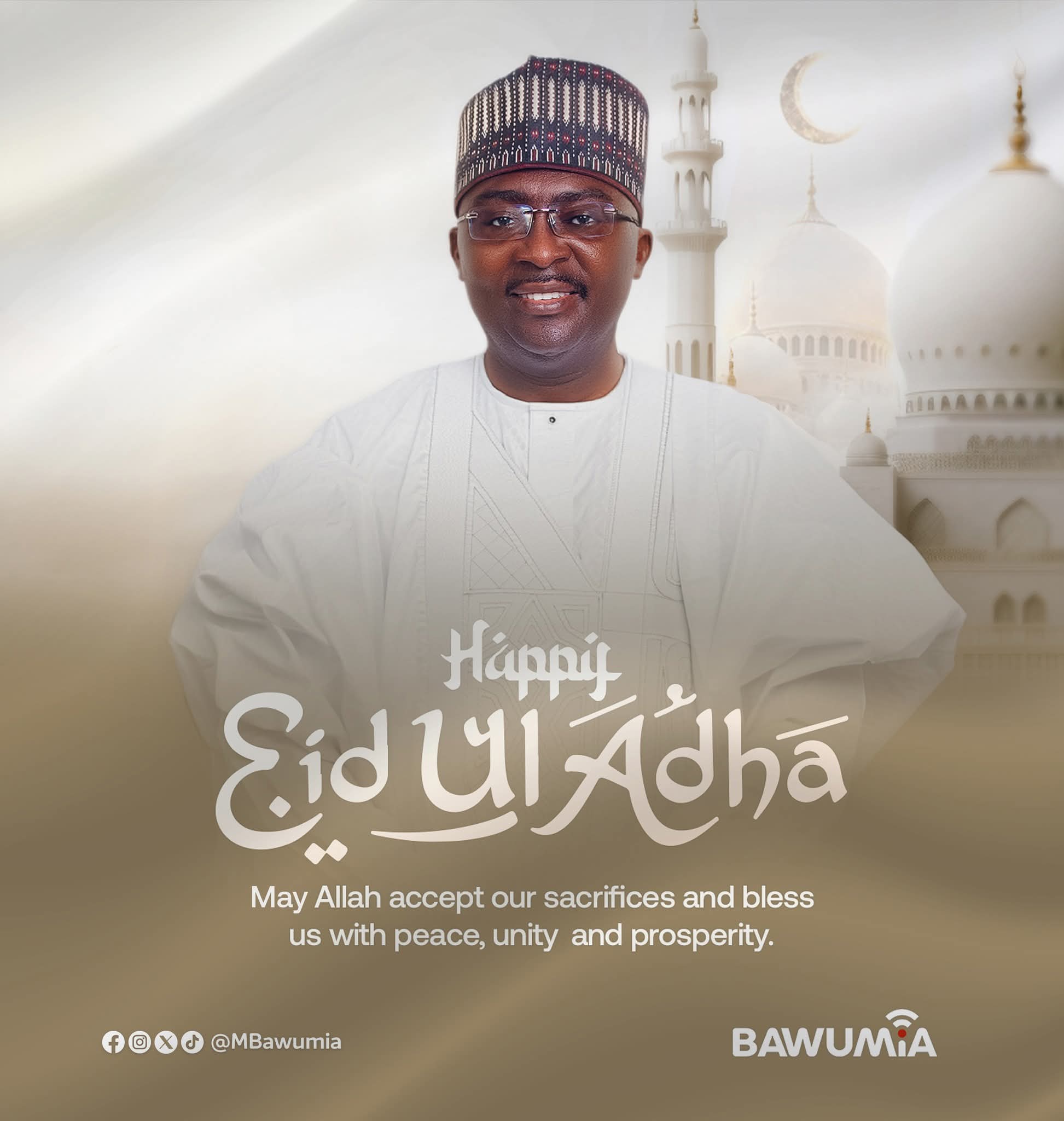 IMG-20260527-WA0024 | Ghanaguardian.com Smiling man in white traditional attire and a patterned cap, with a white mosque and crescent backdrop; soft blur and text overlay nearby.