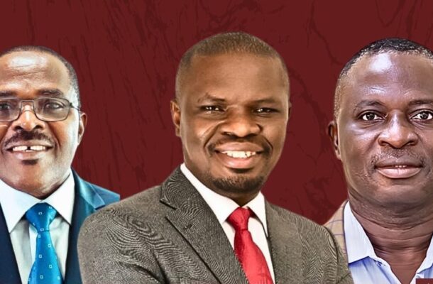 Three men in suits smiling side by side against a dark red background.