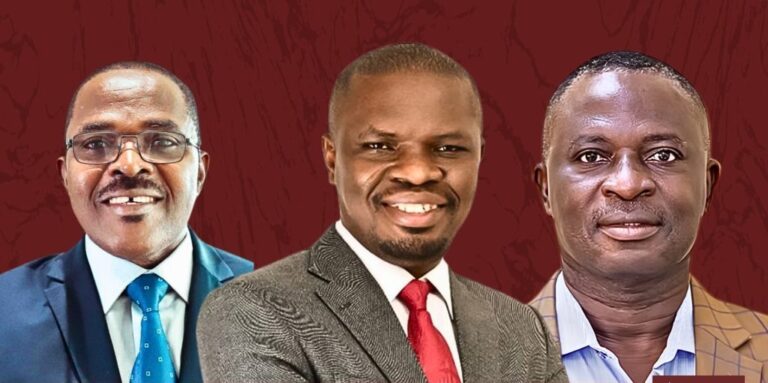 Three men in suits smiling side by side against a dark red background.