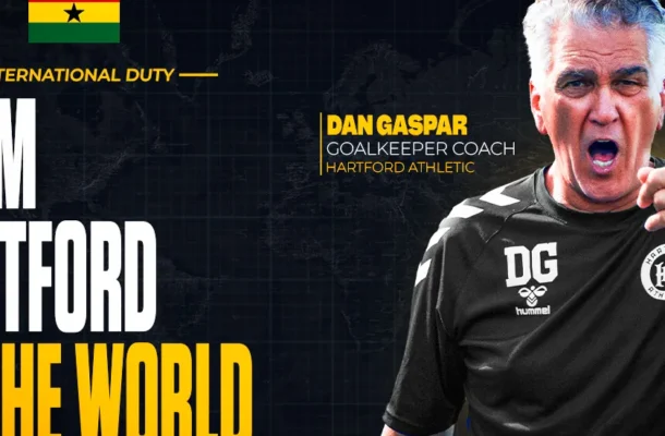 IMG_0376 | Ghanaguardian.com Sports promo banner showing Dan Gaspar, Hartford Athletic goalkeeping coach, shouting and pointing, with large text 'From Hartford to the World' and a Ghana flag above.