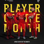 Promotional poster with three players in red kits before a dark background, large yellow 'PLAYER OF THE MONTH' text, and a 'VOTE NOW' CTA below.