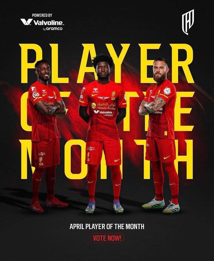 Promotional poster with three players in red kits before a dark background, large yellow 'PLAYER OF THE MONTH' text, and a 'VOTE NOW' CTA below.
