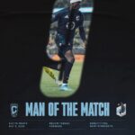 Soccer player in a dark kit with a white headband running on a field, seen through a goal opening, with large 'MAN OF THE MATCH' text below.
